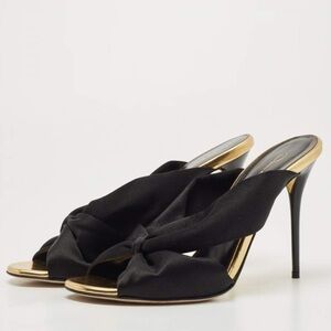 Oscar de la Renta Black Gold Satin Glenn mule Slide Sandals Sz 40 NWOB